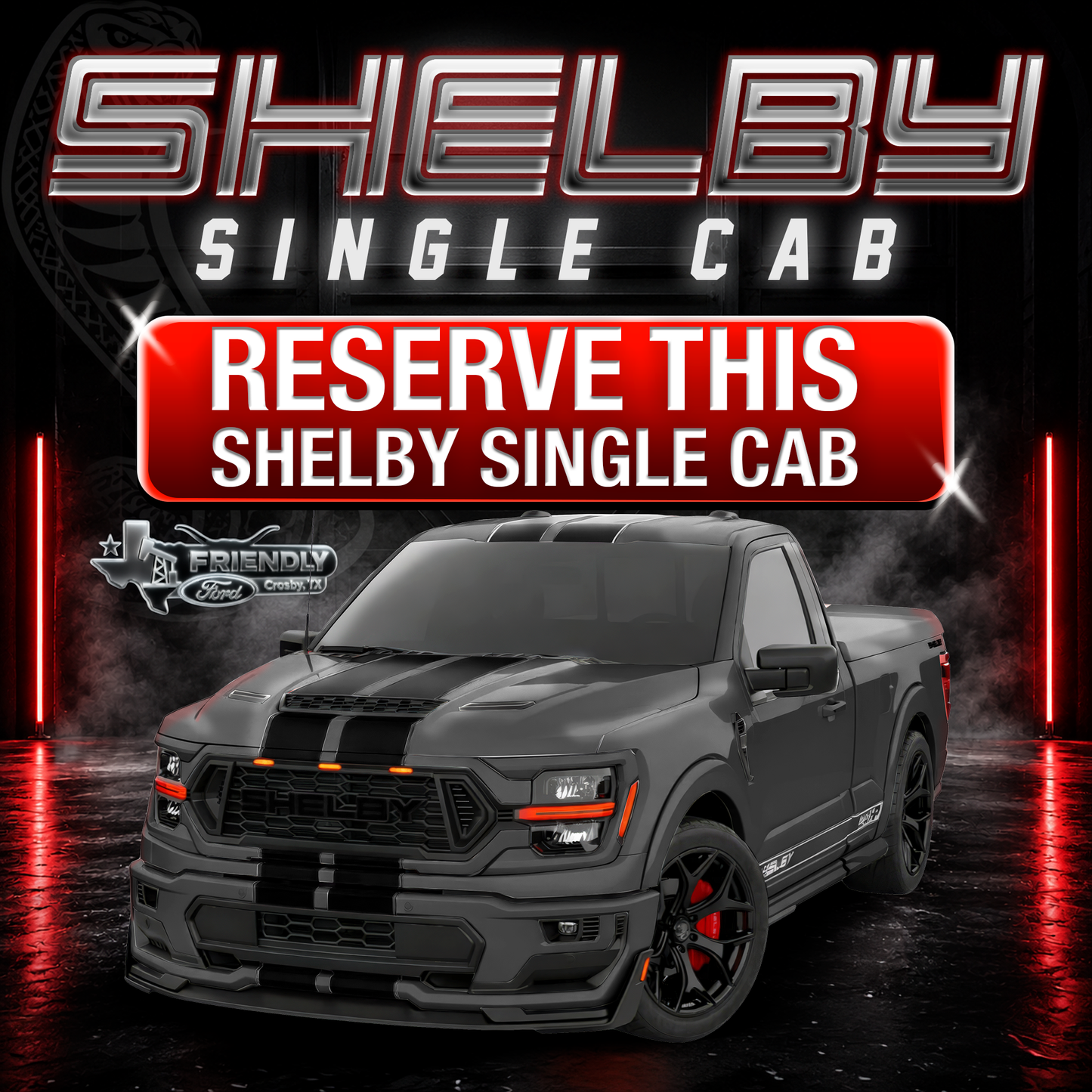 Friendly Ford Shelby Single Cab (Reserve Deposit) -Black with Black Stripes and Black Wheels-