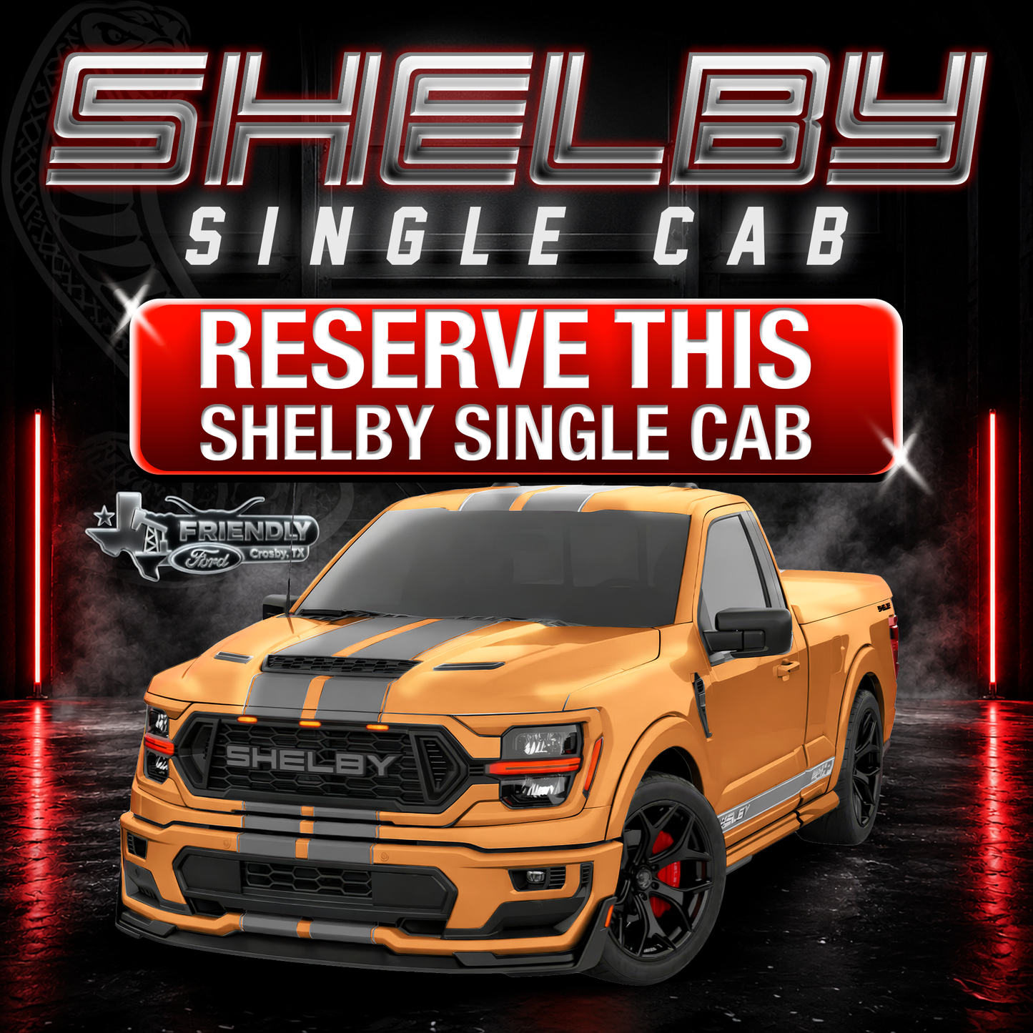 Friendly Ford Championship Edition Shelby Single Cab (Reserve Deposit) -Orange with Grey Stripes and Black Wheels-