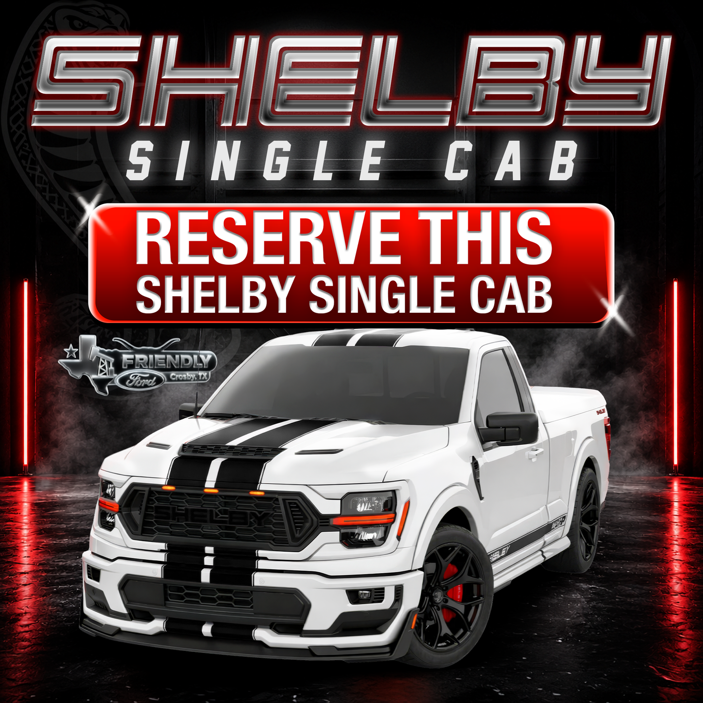 Friendly Ford Shelby Single Cab (Reserve Deposit) -White with Black Stripes and Black Wheels-